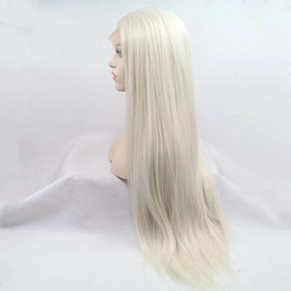 Sylvia Wigs Long Blonde Straight Lace Front Wigs #60 Platinum Blonde Natural Heat Resistant Synthetic Hair Half Hand Tied Wigs