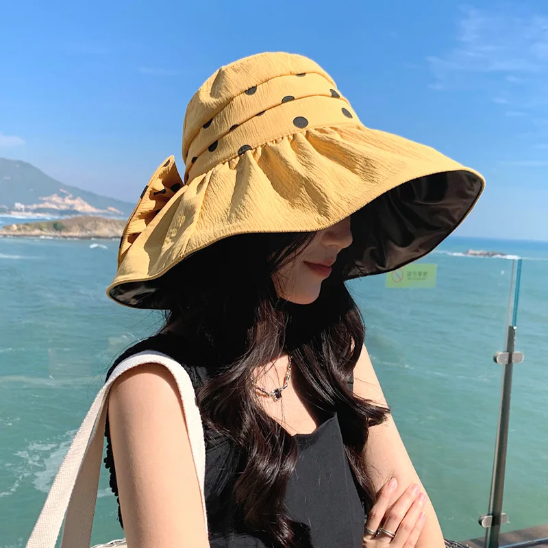 

2023 Korean Style Summer Female Vinyl Polka Dot Protection Big Brim Travel Vacation Outdoor Sun Hat New