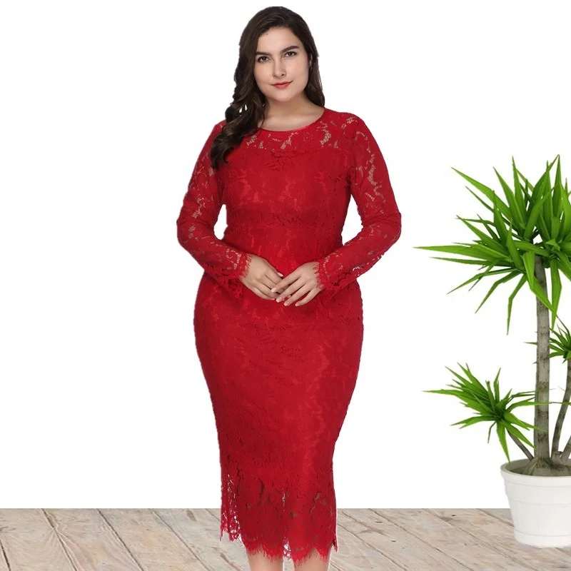 

High Quality Fabric Cotton Long Sleeve Plus Size Maxi Party Evening Lace Dress For Elegant Ladies