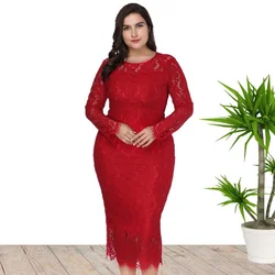 Alta qualidade tecido de algodão manga longa plus size maxi festa noite vestido de renda para senhoras elegantes