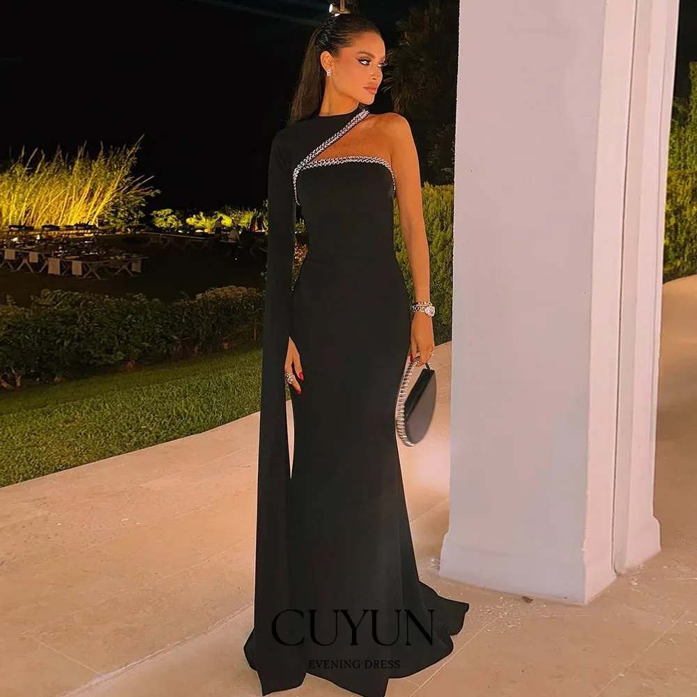 

CUYUN O-Neck Cape Sleeves Women Party Gown Customized Black Elegant Saudi Dubai Evening Gown Banquet Dinner Formal Occasion Gown