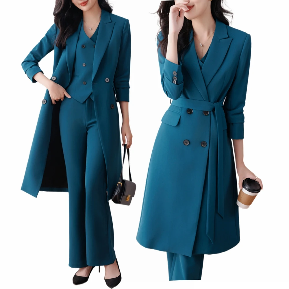 High Quality 2023 Autumn Winter Formal Ladies Lengthen Blazer Women Business Suits Work Wear Office Uniform  Pants Jacket Sets