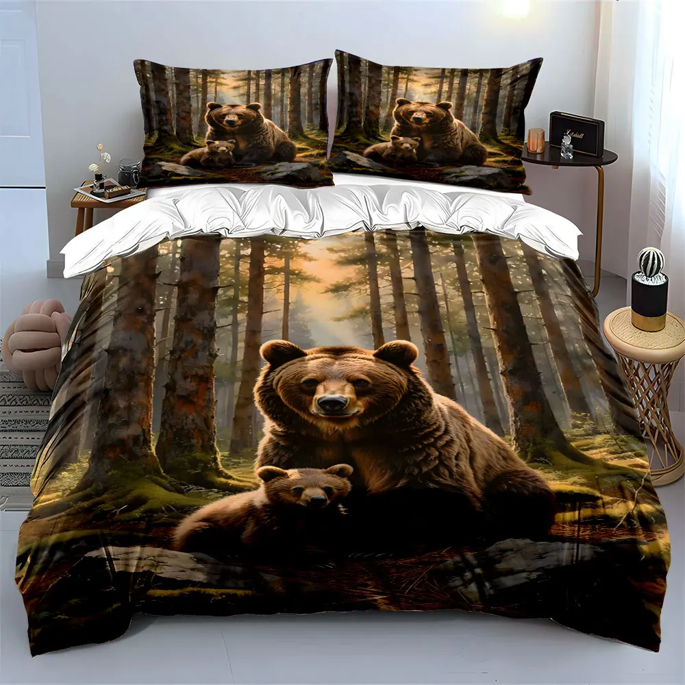 Tender bear mother and cub in the forest Print Bedding set 3PC 1 duvet cover 2 pillowcases adult and children bedding set