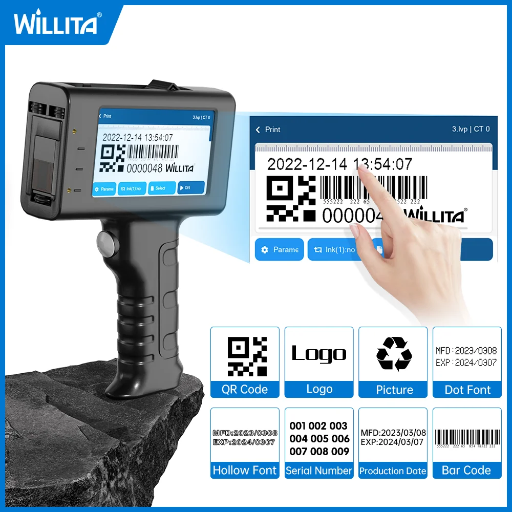 portatil handheld inkjet printer barcode batch numero logotipo data de validade printer gun com cartucho preto wld l1 qr 127 mm 01