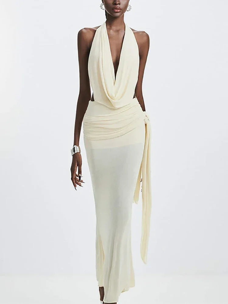 2025 сексуальное плиссированное длинное платье с бретелькой на шее и драпировкой на шнуровке, женское белое, черное, без рукавов, с открытой спиной, тонкие платья, вечерние платья