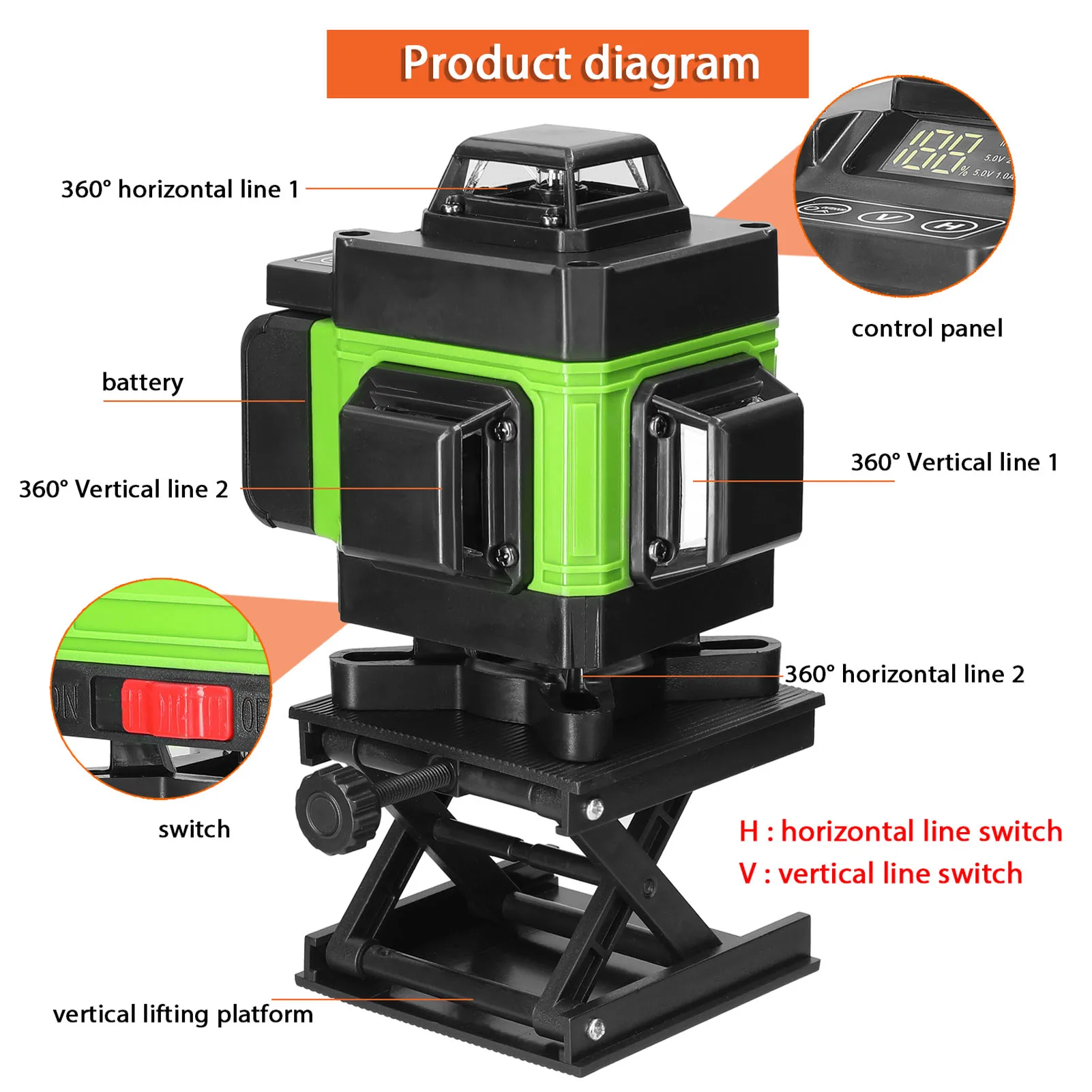 4D 16 Lines Laser Level 360 ° Self-leveling Machine USB Rechargeable Lithium Battery Leveling Tool with Adjustable Tripod Stand