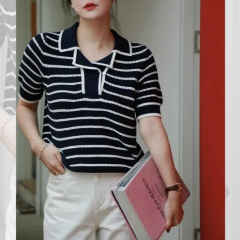 Polo Collar Pullover Summer Women\'s 2024 Patchwork Fashion Elegant Casual Striped Contrasting Knit Loose Short Sleeved Tops L157