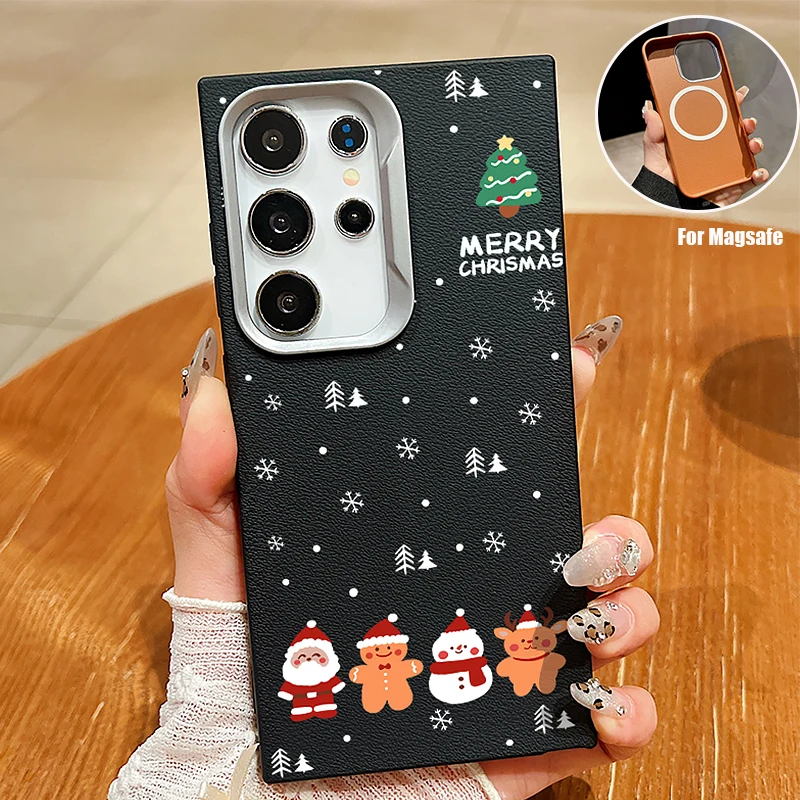 Christmas New Year Case For Samsung Galaxy S24 S23 Ultra S22 Plus S21 S24 FE For Magsafe Wireless Charge Soft TPU Leather Cover