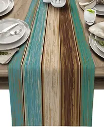 Turquoise Blue Green Wood Striped Linen Table Runners Dresser Scarves  Decor for Kitchen   Holiday Party