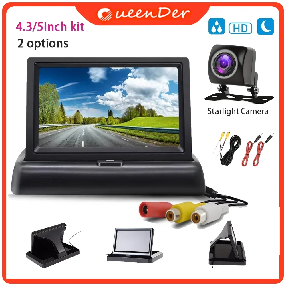 QueenDer 4.3/5“Folding Car Rearview HD LCD Video Parking System Car Rearview Starlight Camera Truck Lorry RV Reversing Camera