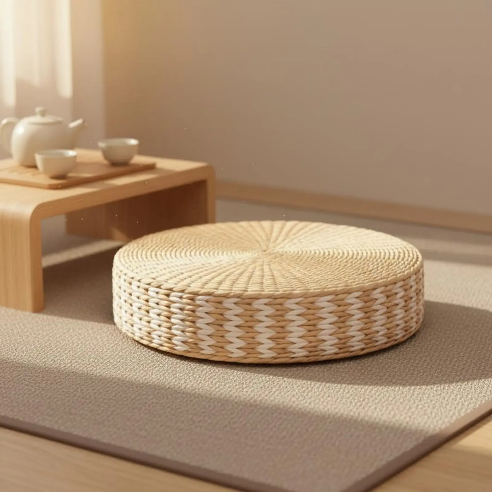 Coussin de méditation artisanal en paille naturelle, rond, style futon, artisanat traditionnel pour studio de stretching