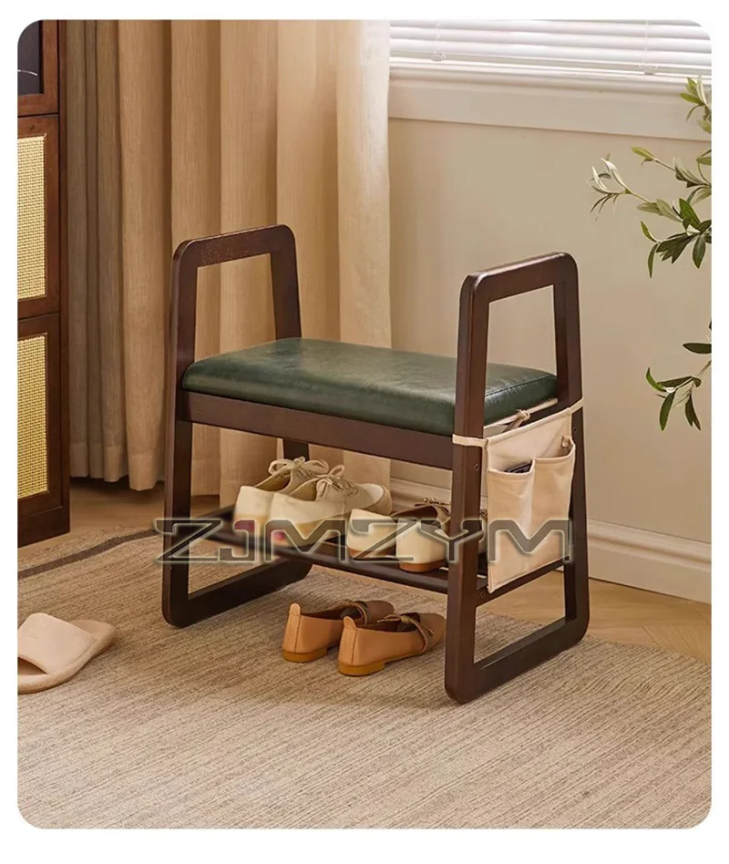 Solid Wood Shoe Changing Stool with Armrests Walnut Colored Feet Elderly Shoe Wearing Stool Entrance Storage Stool