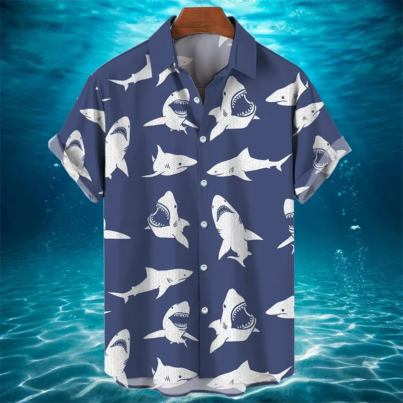 Fierce Shark 3d Printed Shirt Men Clothes Fun Sea Animal Pattern Shirts Tops Street Casual Fashion Lapel Single Breasted Blouse