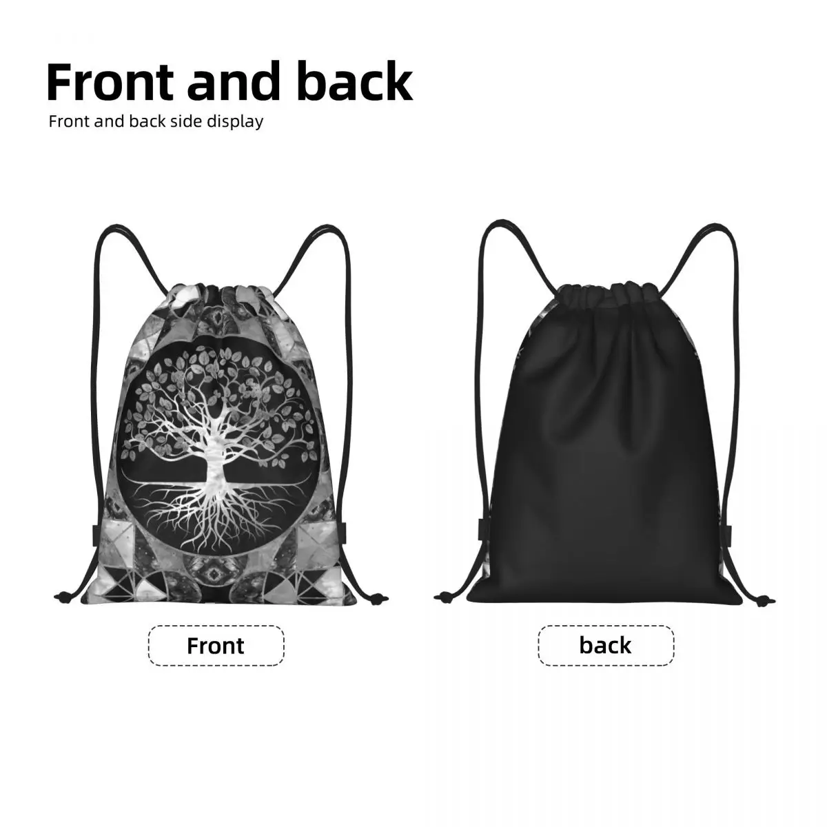 Tree Of Life Gray Scale Gemstone Drawstring Backpack Sports Gym Bag for Women Men Vikings Yggdrasil Training Sackpack