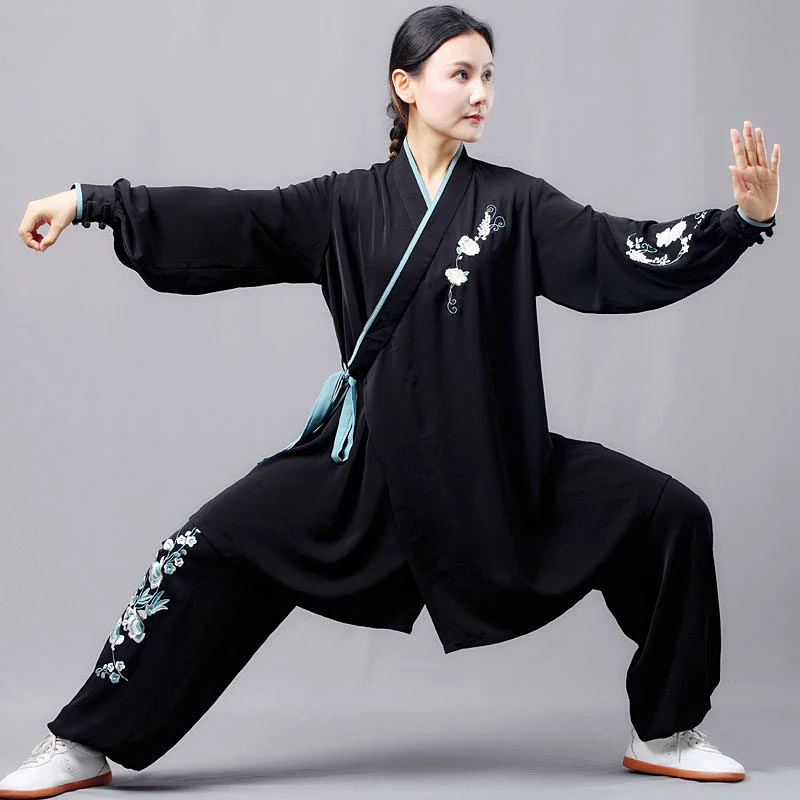 Custom Made Black Tai Chi Suit, Premium Flowy Pearl Satin Hanfu Style for Women's Practice