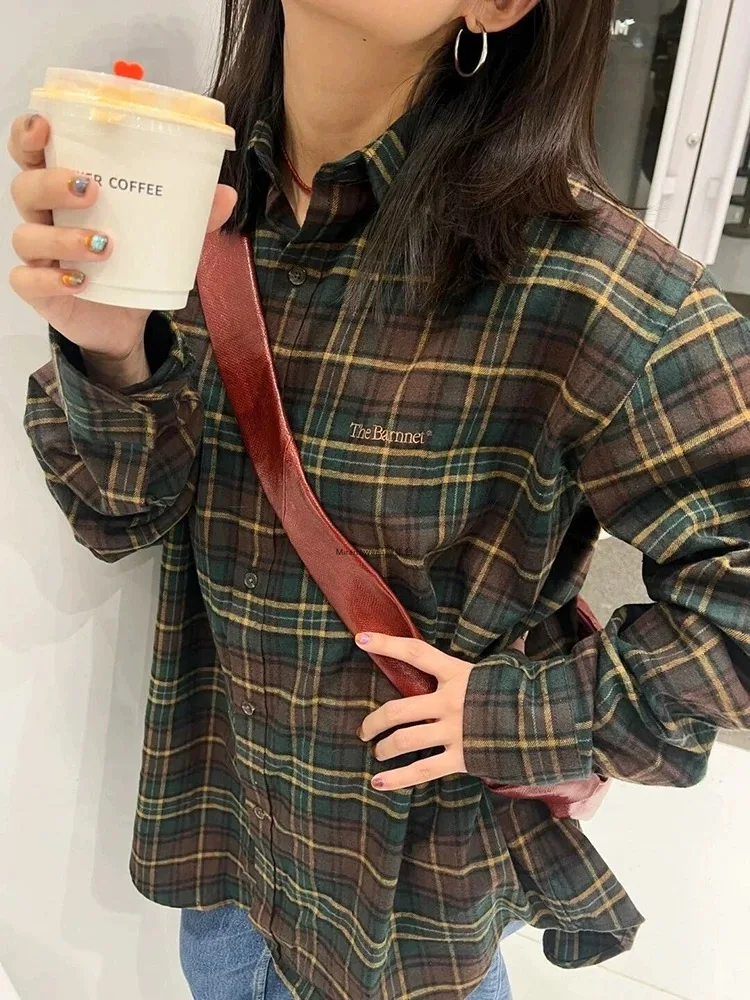 루즈핏 체크무늬 여성용 패셔너블 오버사이즈 컬러블록 레트로 코트 봄 여름 가을 겨울 코튼 칼라 롱 슬리브