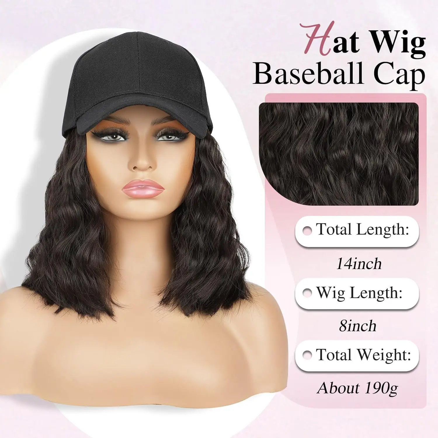 Hat Wig for Women Wig Cap with Curly Hair Extensions Hat with Hair Wave Adjustable Baseball Cap Wigs Synthetic Hat Wig
