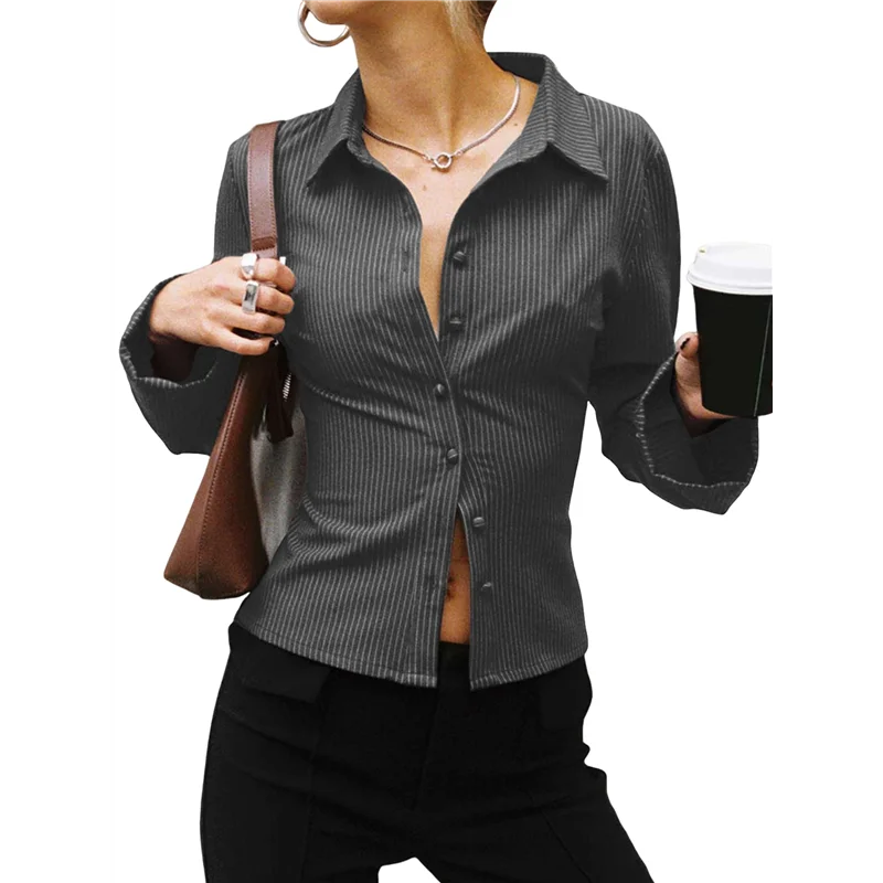 جديد-قمصان نسائية بأزرار سفلية مخططة بأكمام طويلة وياقة بلوزات عمل غير رسمية ملابس علوية عصرية