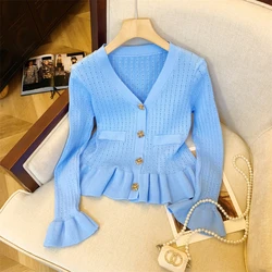 2024 New Autumn Hollow Out Ruffles Blue Knitted Cardigan Tops For Women V Neck Beaded Single Breasted Flare Sleeve Sweater Coat