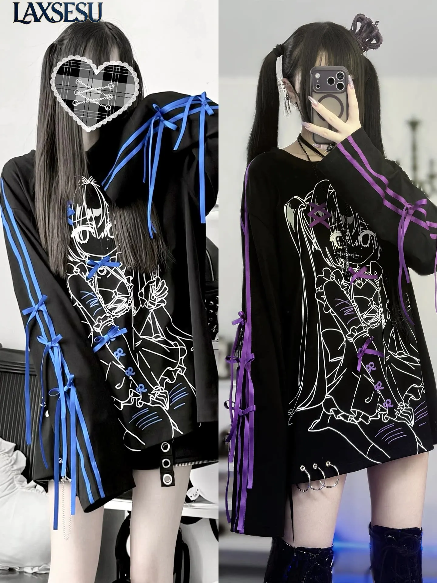 Original Design Subculture Anime Curtily Cute Printed T-shirt Long Sleeve Black Purple Loose Casual Long Sleeve Blouse Women