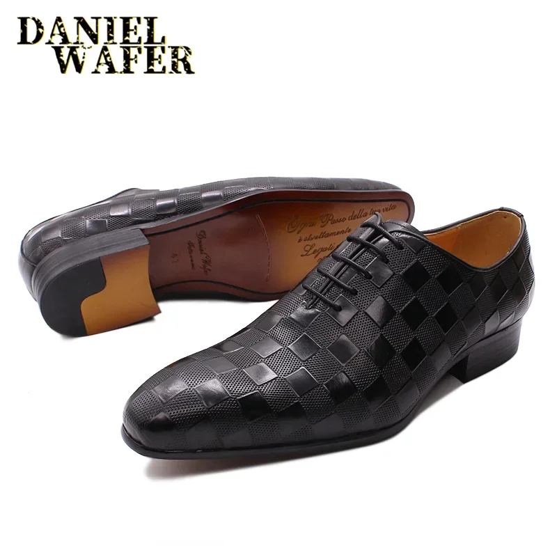 Luxury Oxford Men\'s Dress Shoes Fashion Male Genuine Leather Black Plaid Print Lace-Up Wedding Office Business Formal Shoe