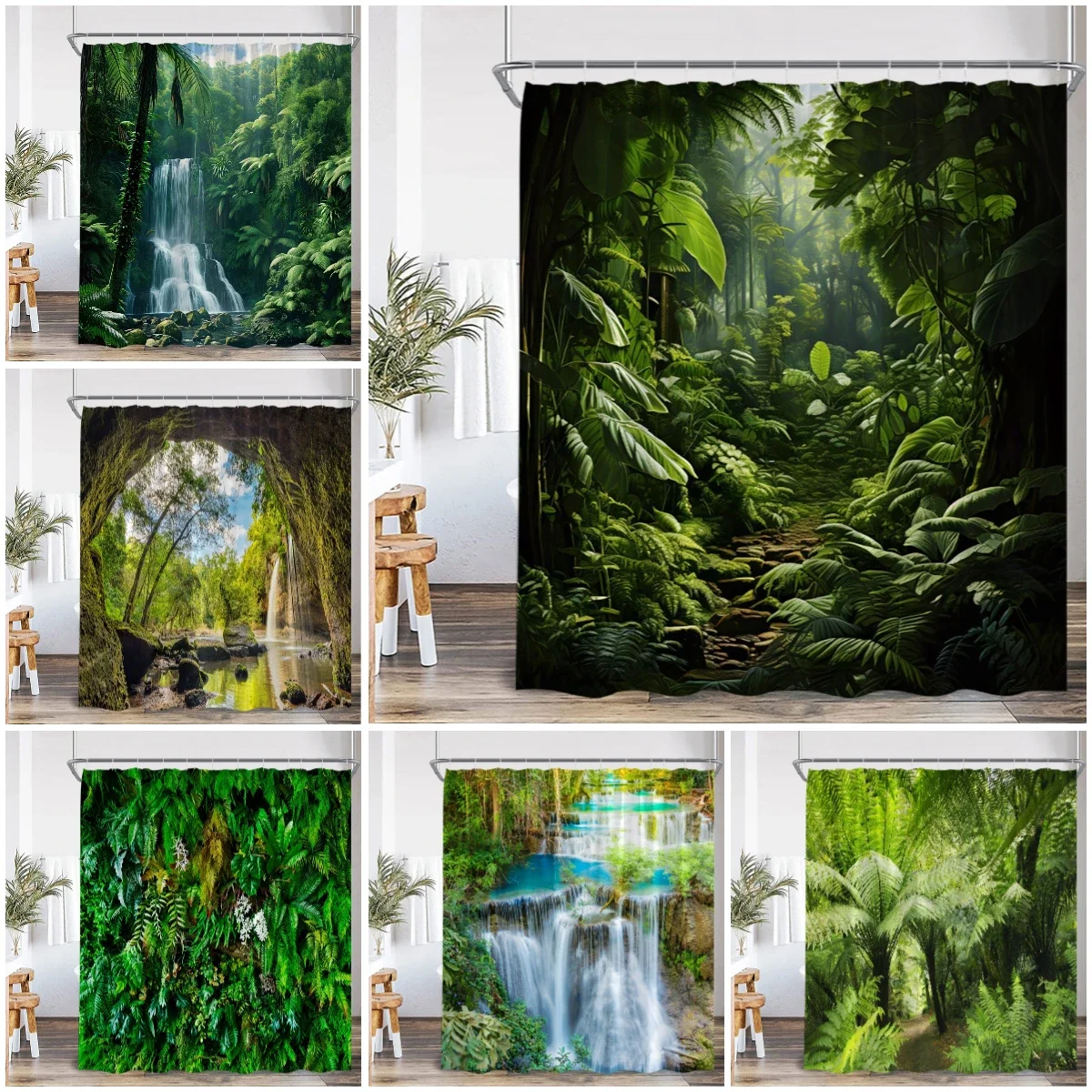Natural Landscape Waterfall Forest Shower Curtain Scenery Green Leaves Plants Bathroom Decor Polyester Bath Curtain for Home