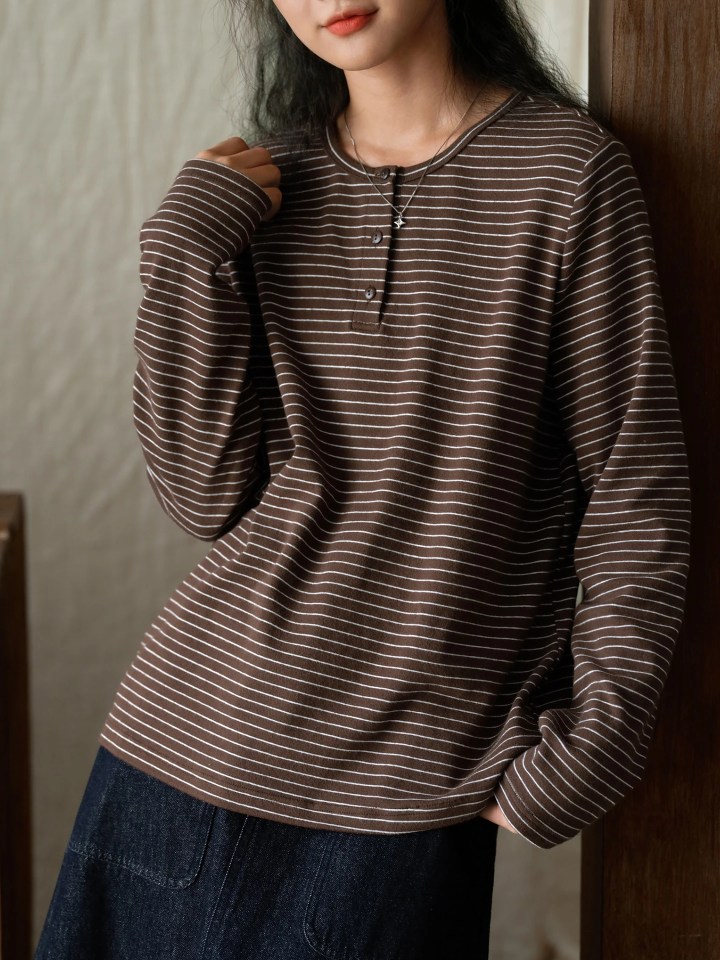 Casual Cotton Long Sleeve Women's T-shirt round Neck Striped Base Shirt Comfortable Breathable Slimming Style Chinese Brand