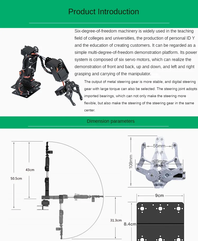 Sliver 6 DOF Robot Arm Metal Alloy Mechanical Arm Claw MG996 for Arduino/ESP32 Robot DIY Kit Programmable Robot Open Source Code
