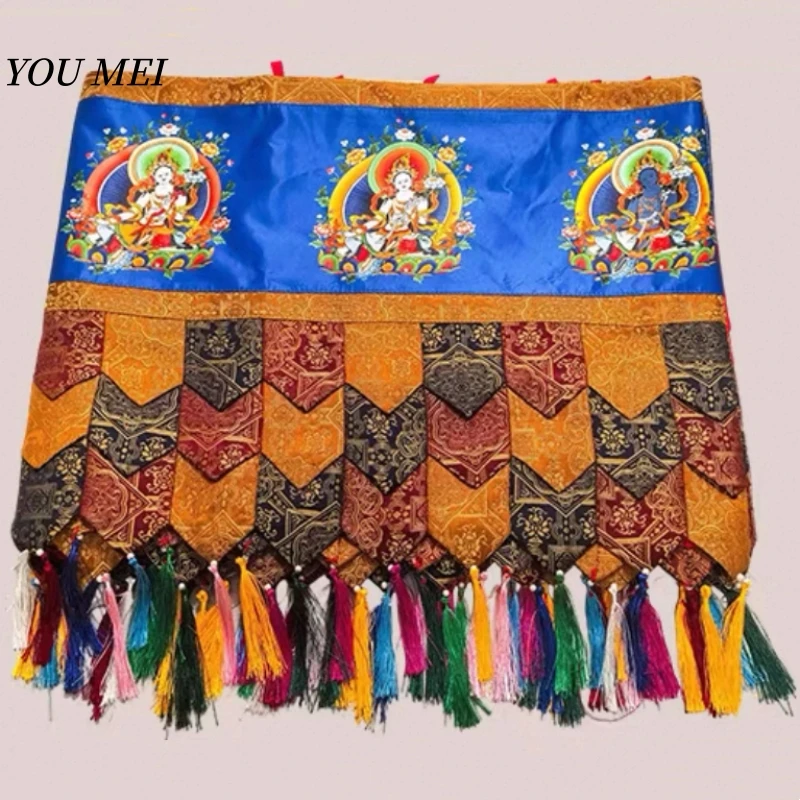 Tibetan-Style Twenty-One Tara Curtain Tassel Trim Silk Fabric,5m Dual-Color Table Skirt Curtain Buddhist Item Altar Wall Hanging