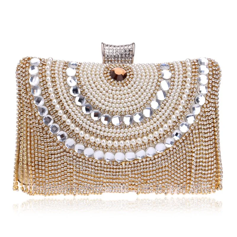 

Gold Crystal Evening Bags Women Banquet Purse Pearl Hand Bags Diamonds Tassels Beading Purse Bling Hand Bag Party Luxury Clutch