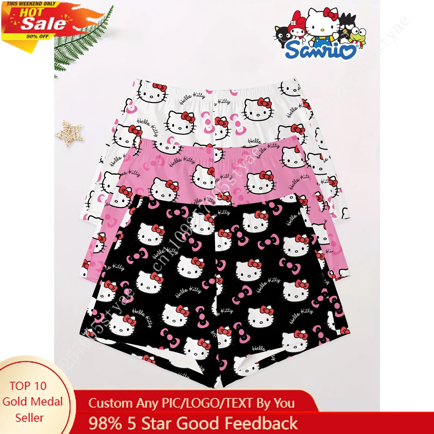 

Sanrio Hello Kitty 3Pcs Woman's Soft Sleep Shorts Comfortable Home Wear Daily Sleepwear Summer Lightweight Sleepwear