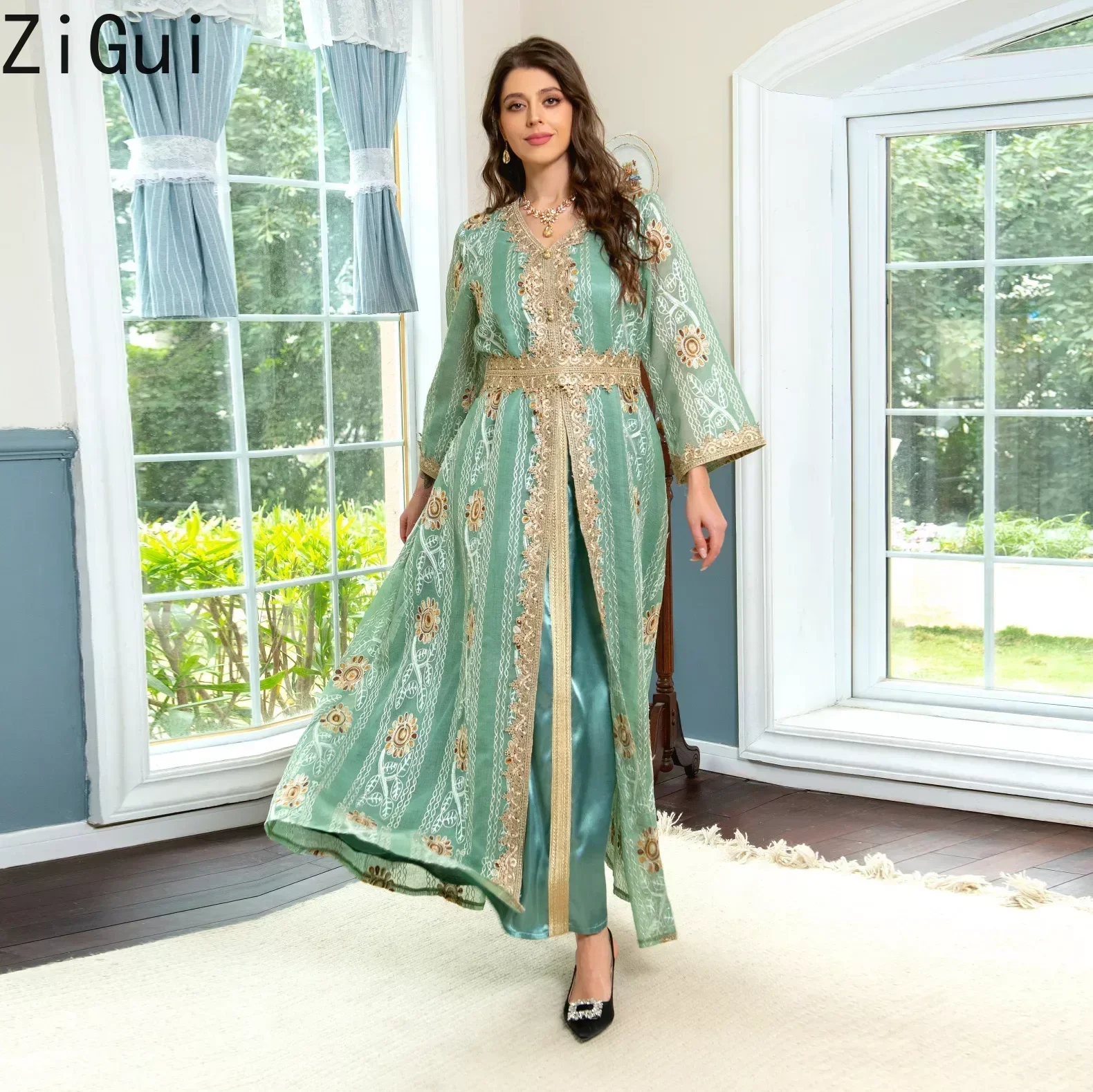 Zigui Dubai Dresses Luxury Arabic Suitable Embroidered Green Lace Gown Jalabiya Women\'S Evening Dress for Party Wedding Birstday