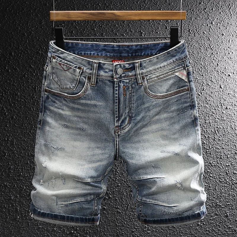 Summer Designer Fashion Men Jeans High Quality Retro Blue Stretch Slim Fit Ripped Denim Shorts Y2K Vintage Casual Shorts Hombre