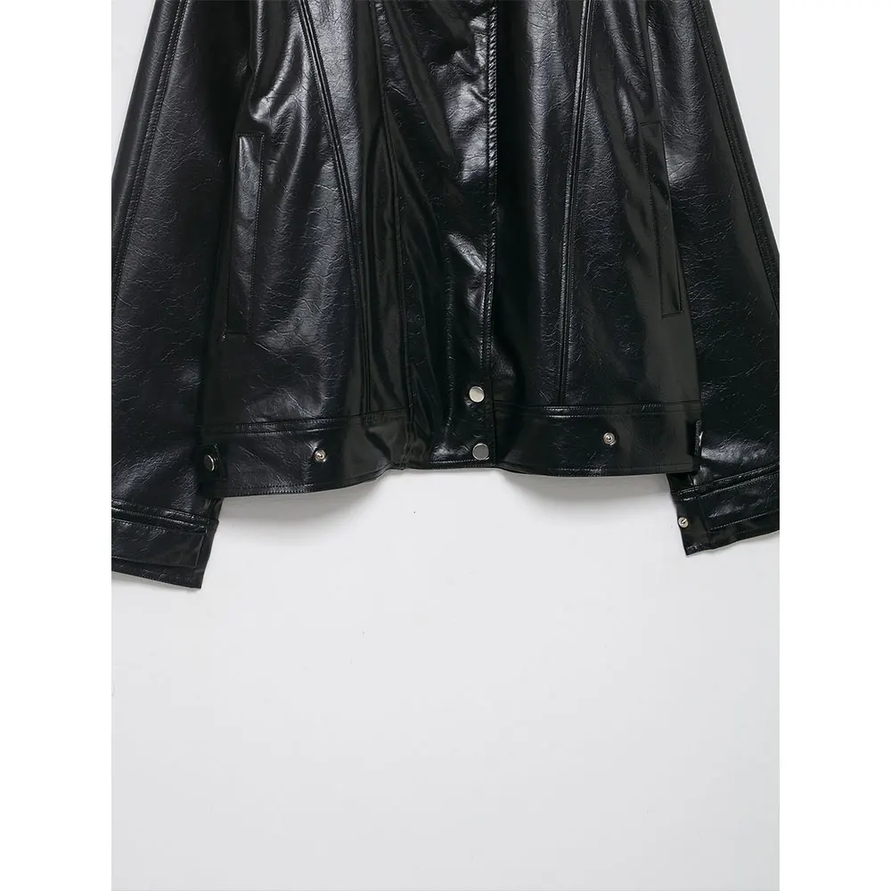 DUOPERI Moda donna PU Giacche nere Casual collo alto maniche lunghe Donna Chic Lady Cappotti Abiti