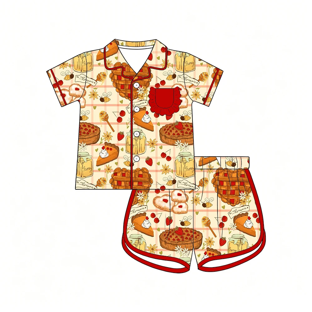 Boutique Children's Set Lapel Short-Sleeved Shirt and Shorts Pocket Ruffle Cherry Strawberry and Apple Pie Print Girls Set