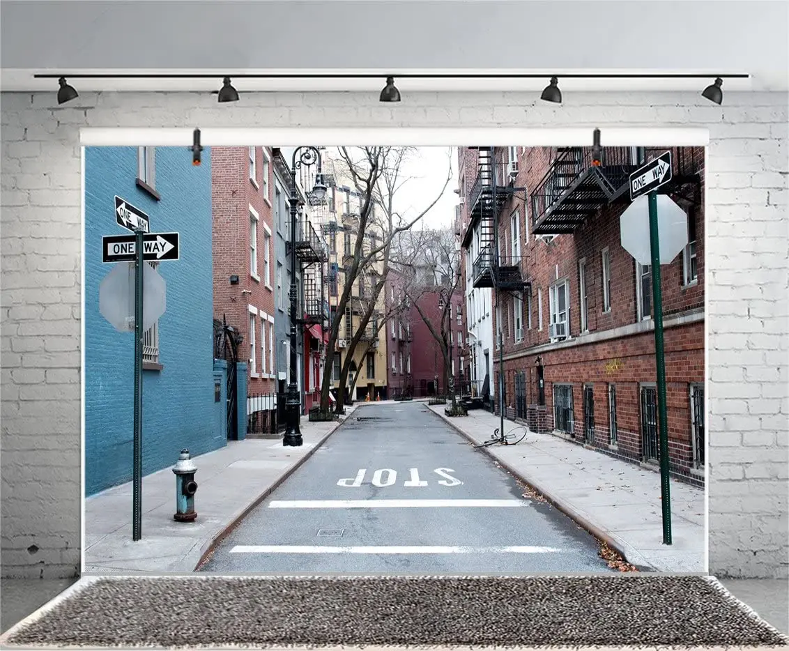 City Photography Backdrop For New York Street Village West Manhattan Buildings NYC Alley Guide Board Retro Street Background