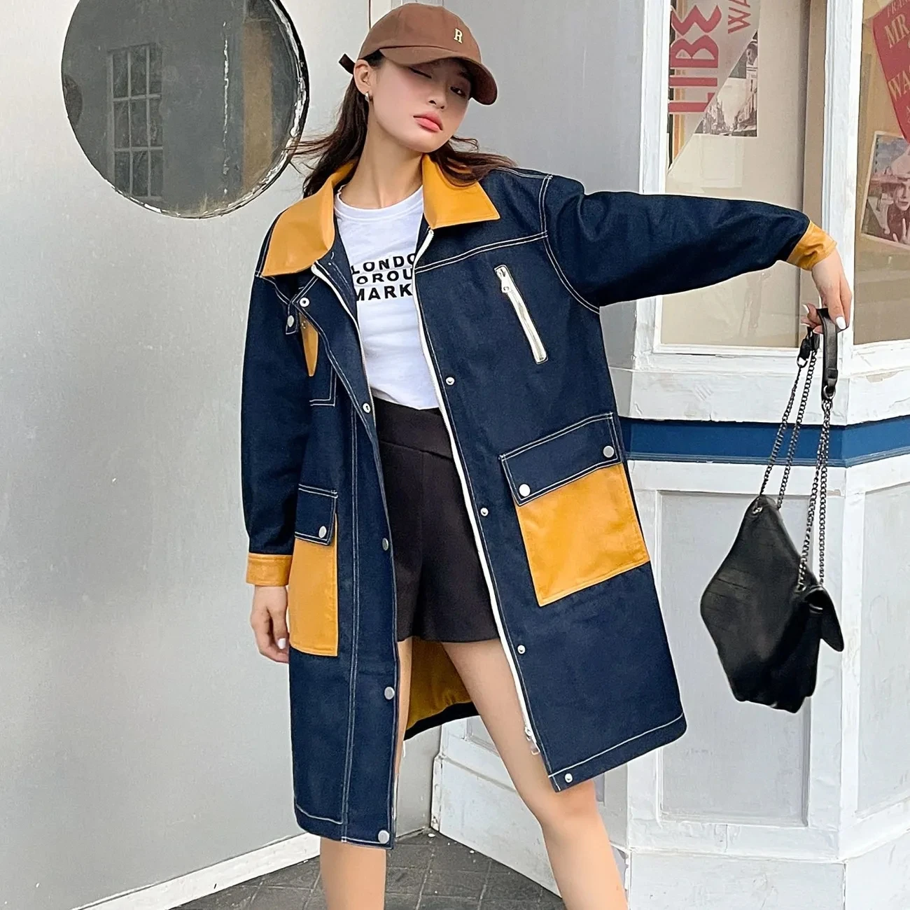 Denim Trench Coat Womens Spring Autumn 2024 New Casual Coats Large Size Splicing Long Denim Jacket Female POLO Collar Outwear