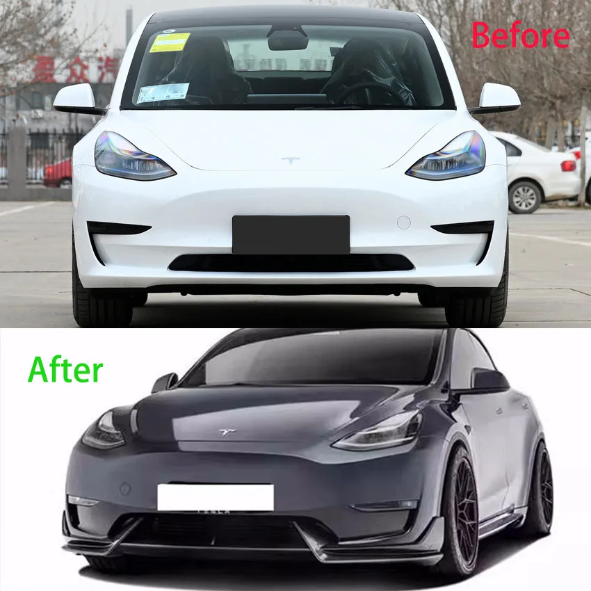 For Tesla Model 3 2017-2022 Carbon Look Front Bumper Lip Chin Diffuser Body Kit Spoiler Deflector Tuning Accessories Modified