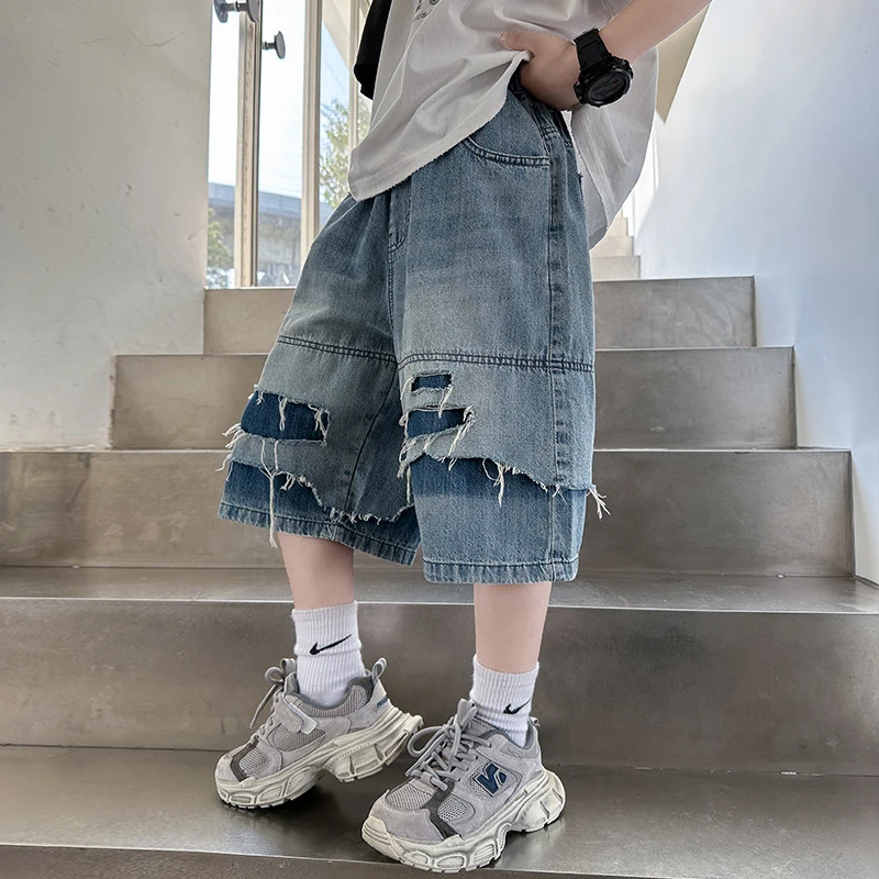 Boys' Summer Denim Shorts New Teenage Kids Trendy Cool Handsome Punch Stacked Five-Quarter Pants for 4-14years Boys'