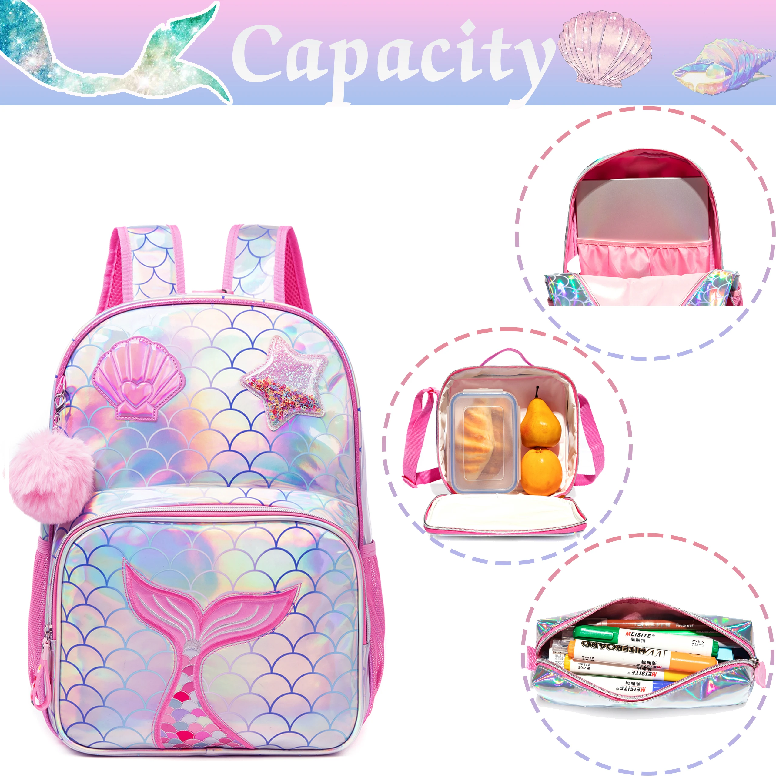 3PCS Kids Backpack for Girls Includes School Backpack Lunch Box and Pencil Case Comfortable Daily Use Back to School view 3