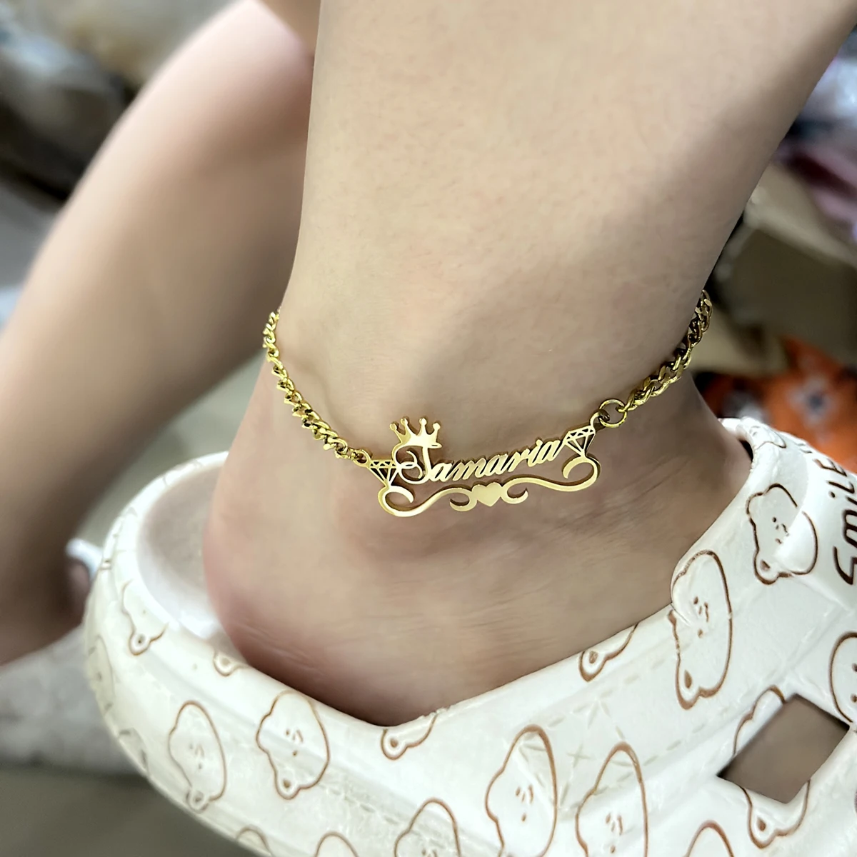 Custom Name Anklet with Crown Personalized Cuban Chain Anklet Stainless Steel Thick Cuban Nameplate Anklet for Women Gift