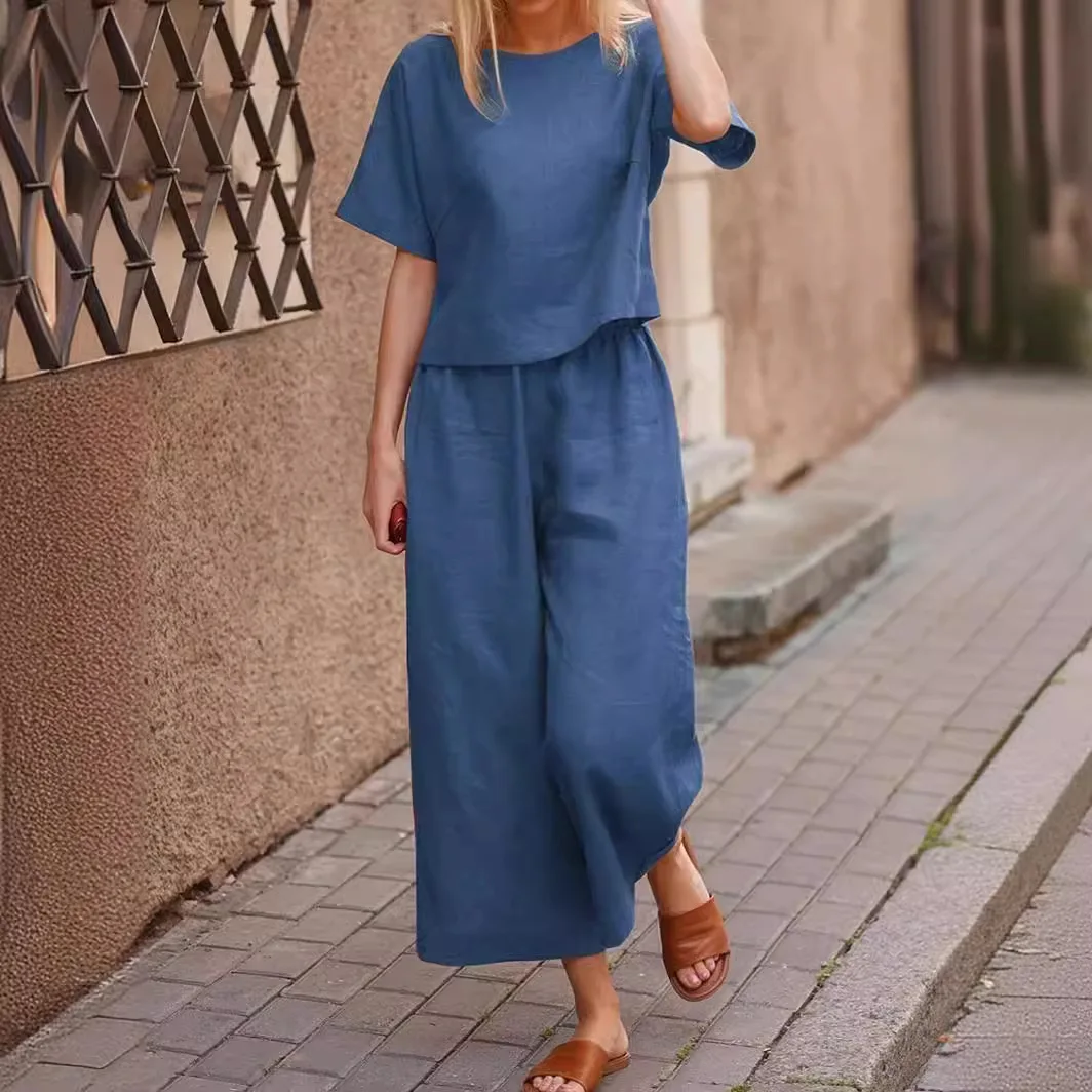 2024 New Top Pants Casual Set Loose Solid Color Shirt And Pants Cotton Linen Two Piece Set S-3XL Conjuntos De Verano Para Mujer