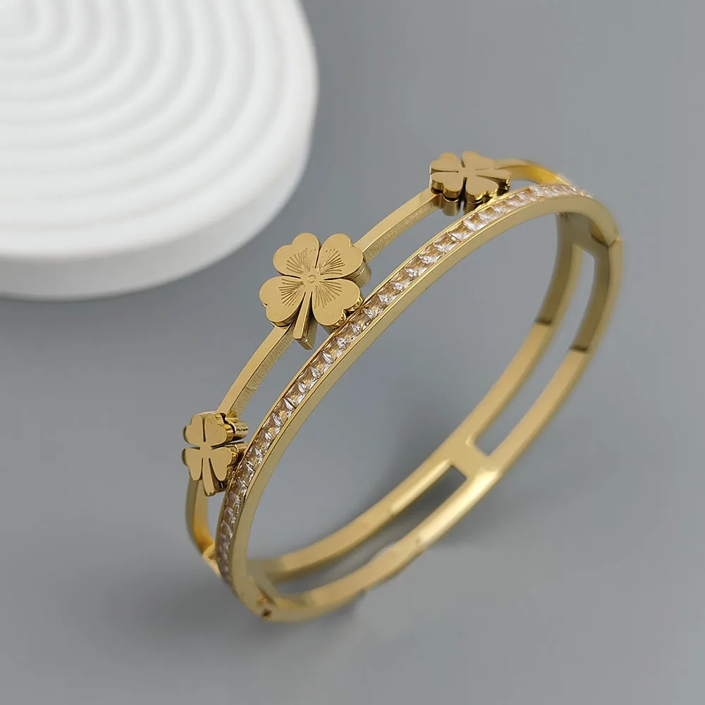 New four-leaf clover zircon stainless steel gold-plated bracelet 18K, high quality waterproof couple bracelet, wife gift