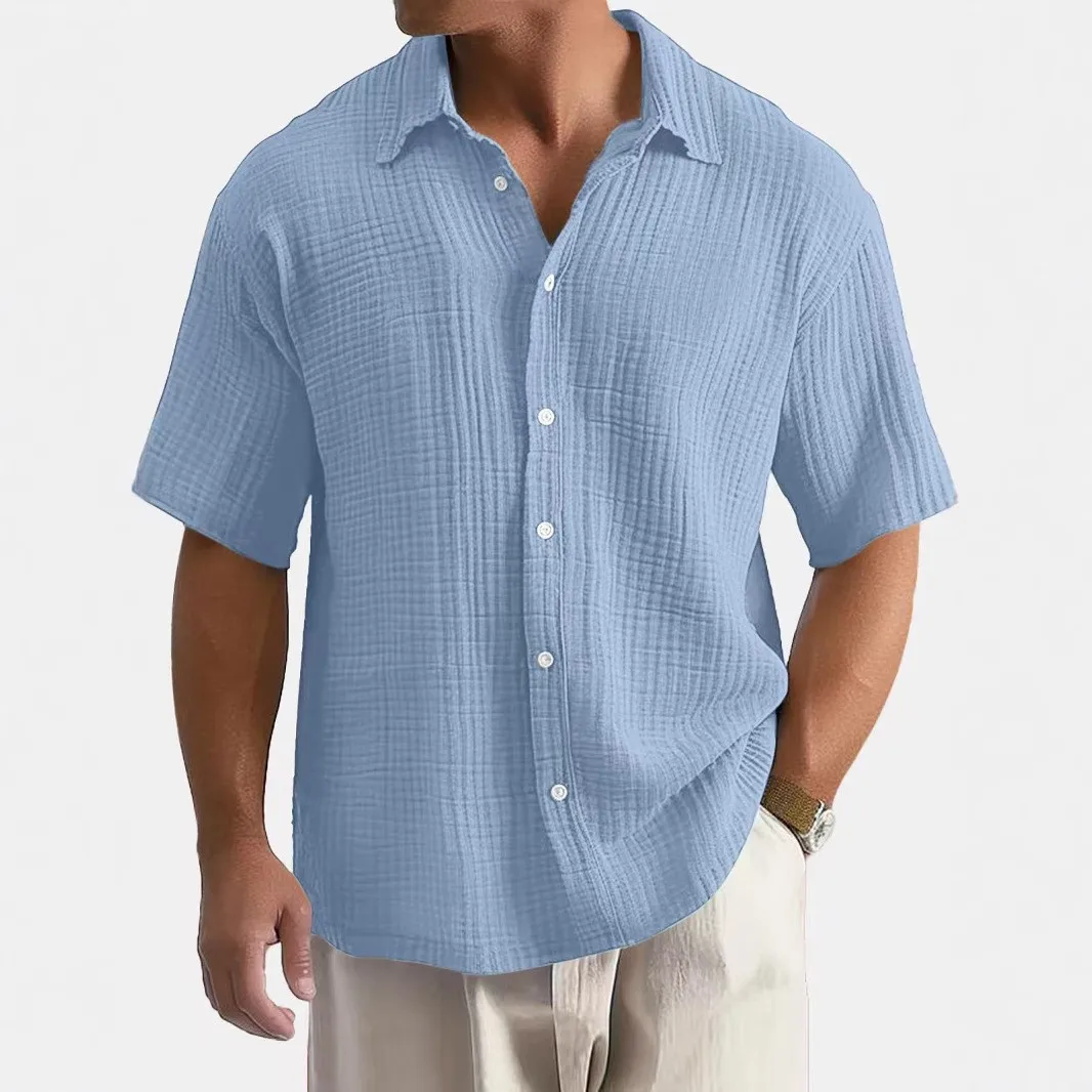 Lightweight Cotton Gauze Shirt Open Front Relaxed Fit Casual Shirt Button Down Spread Collar Short Sleeve Solid Color Light Blue