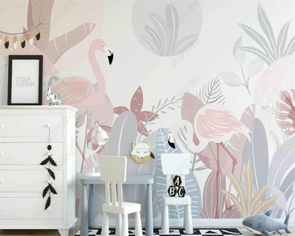 

beibehang Customized new Nordic hand-painted abstract plant leaves Flamingo indoor bedroom background wallpaper