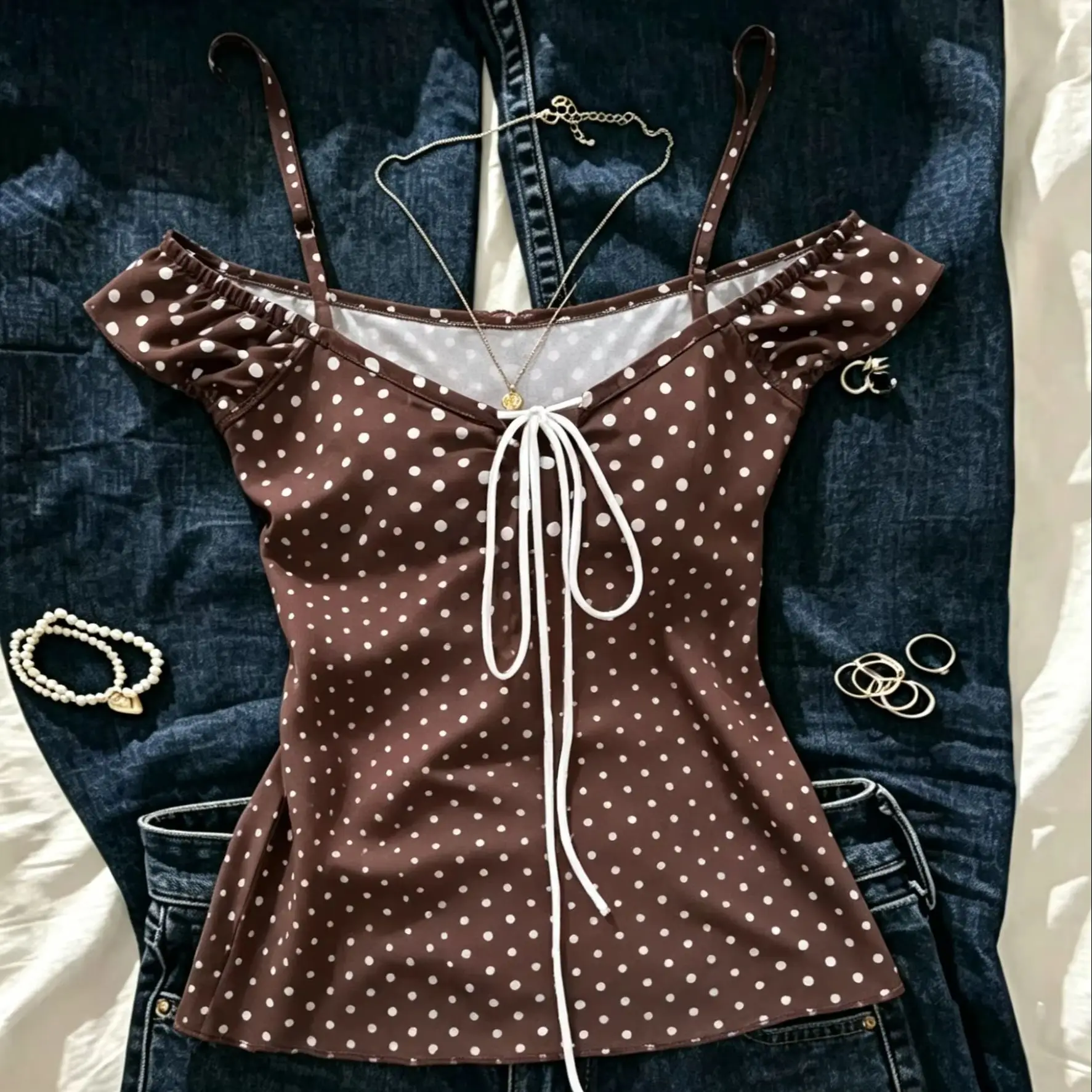 

Women's Brown Polka Dot Off-Shoulder Bikini Ruffle Fringe Two-Piece Swimsuit Lace-Up Slimming Beachwear for Vacation