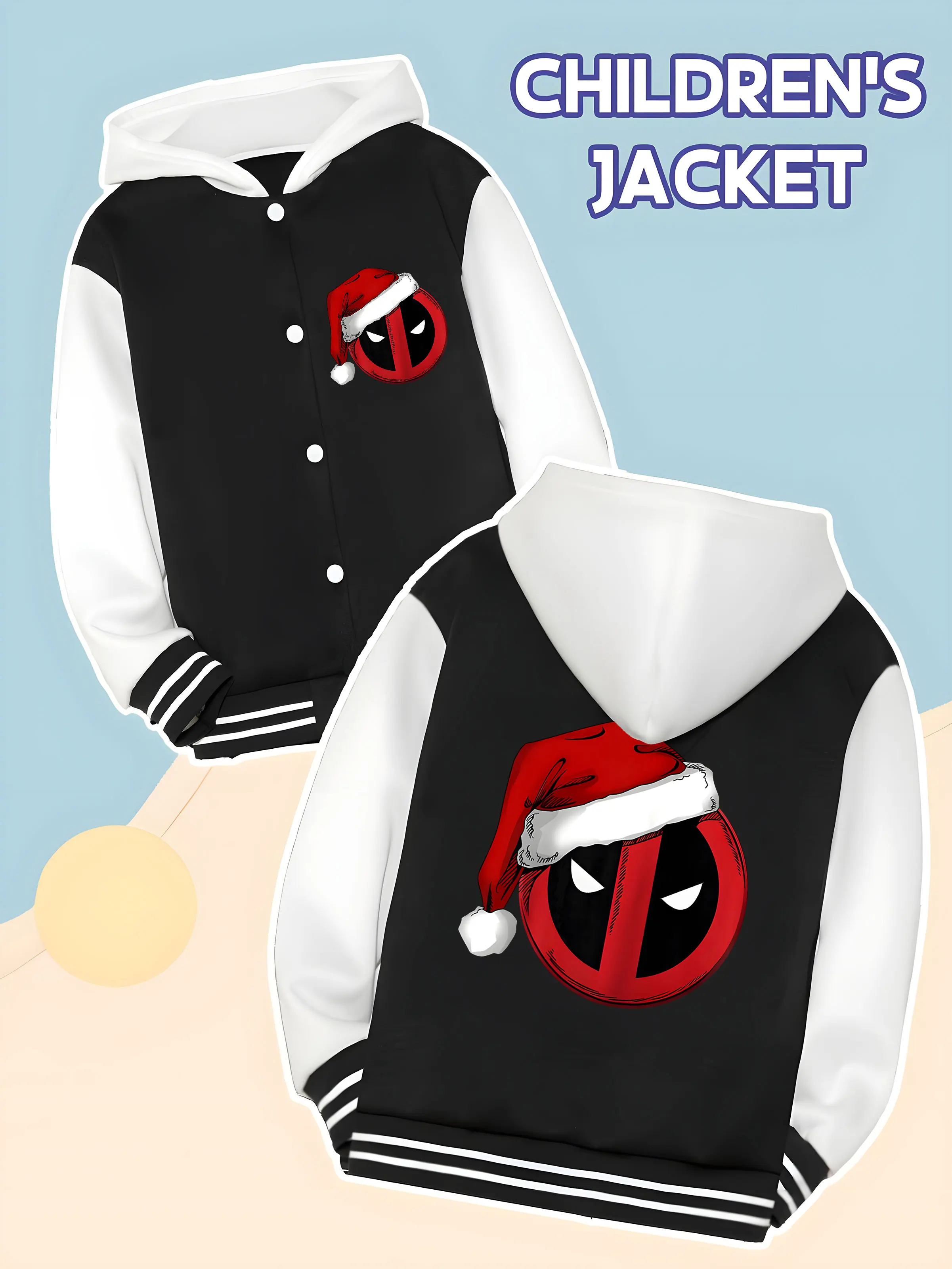 

MINISO Marvel Deadpool Christmas Boys Baseball Jacket - Deadpool Christmas funny print, double-sided showing unique style, soft
