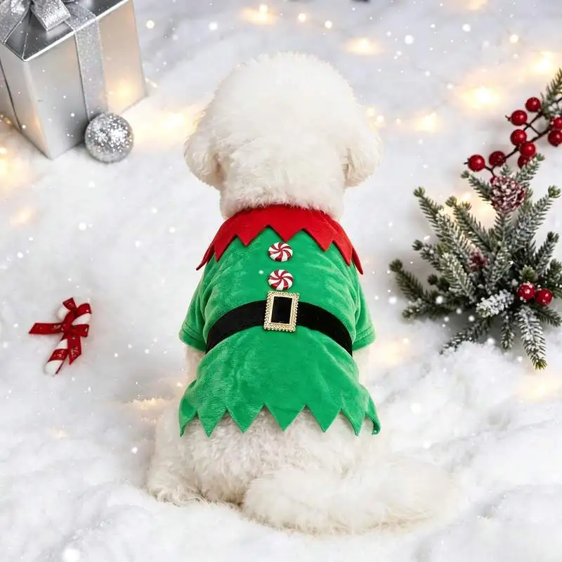 Ein T-Shirt für Hunde, ein weihnachtliches Elfen-T-Shirt mit Knöpfen, weihnachtliche Haustierkostümkleidung. – Detail 6