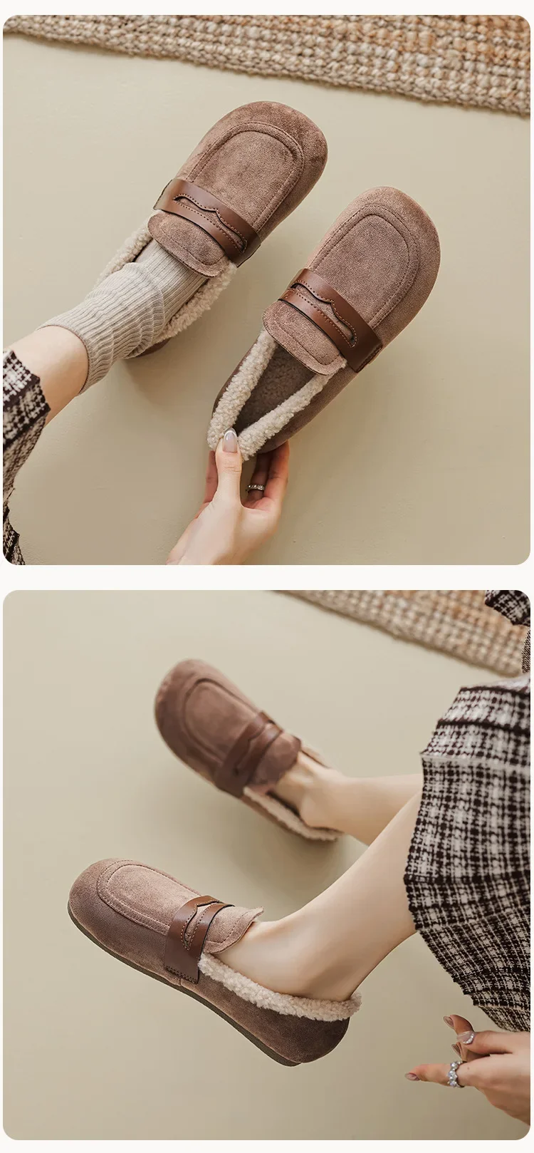 Lässige Flache Schuhe aus Lammwolle für Damen, Schuhe mit Obermaterial aus Flock, Winter-Loafer mit breiter, quadratischer Zehenpartie, Pelz-Mokasins für Damen, mit Baumwollfutter, Schafsfell-Stiefel – Detail 8