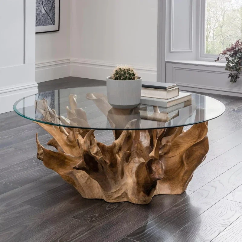 Teak root coffee table base, including 55-inch round glass top